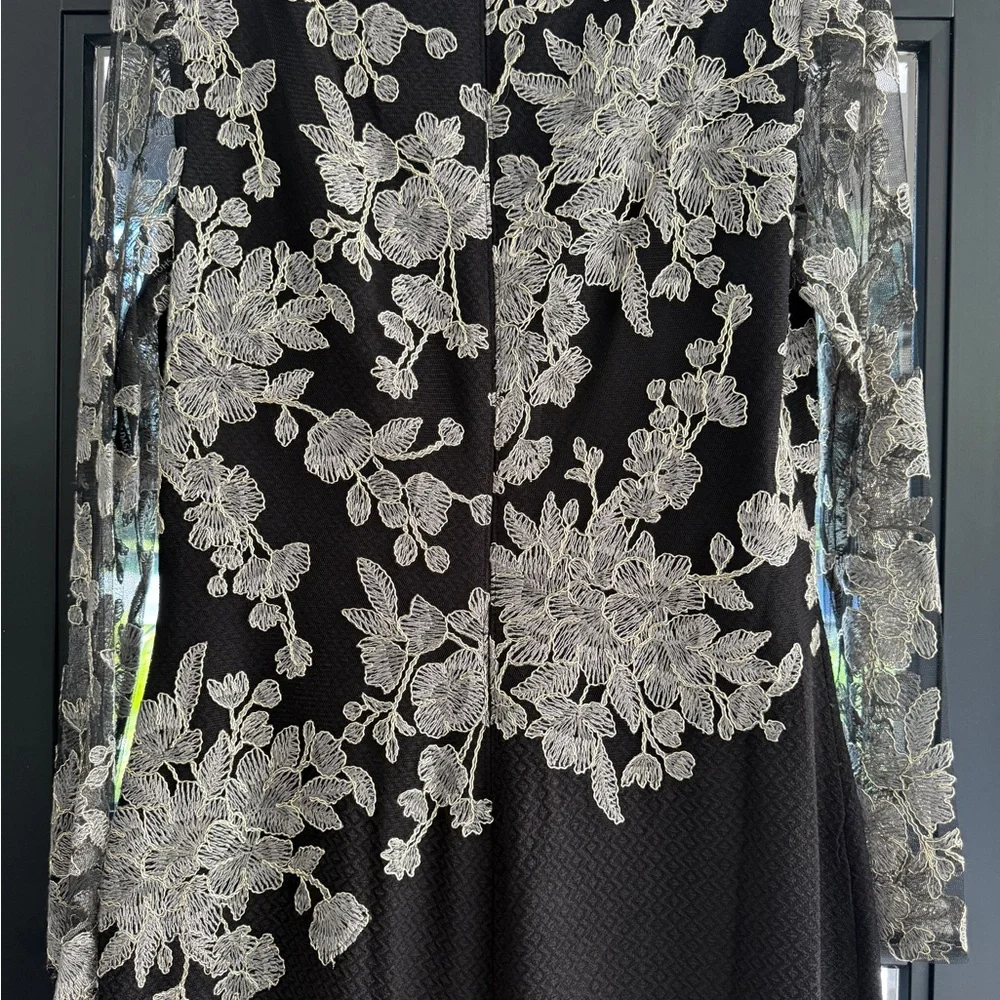 Tadashi Shoji Black Gown with Silver Floral Lace